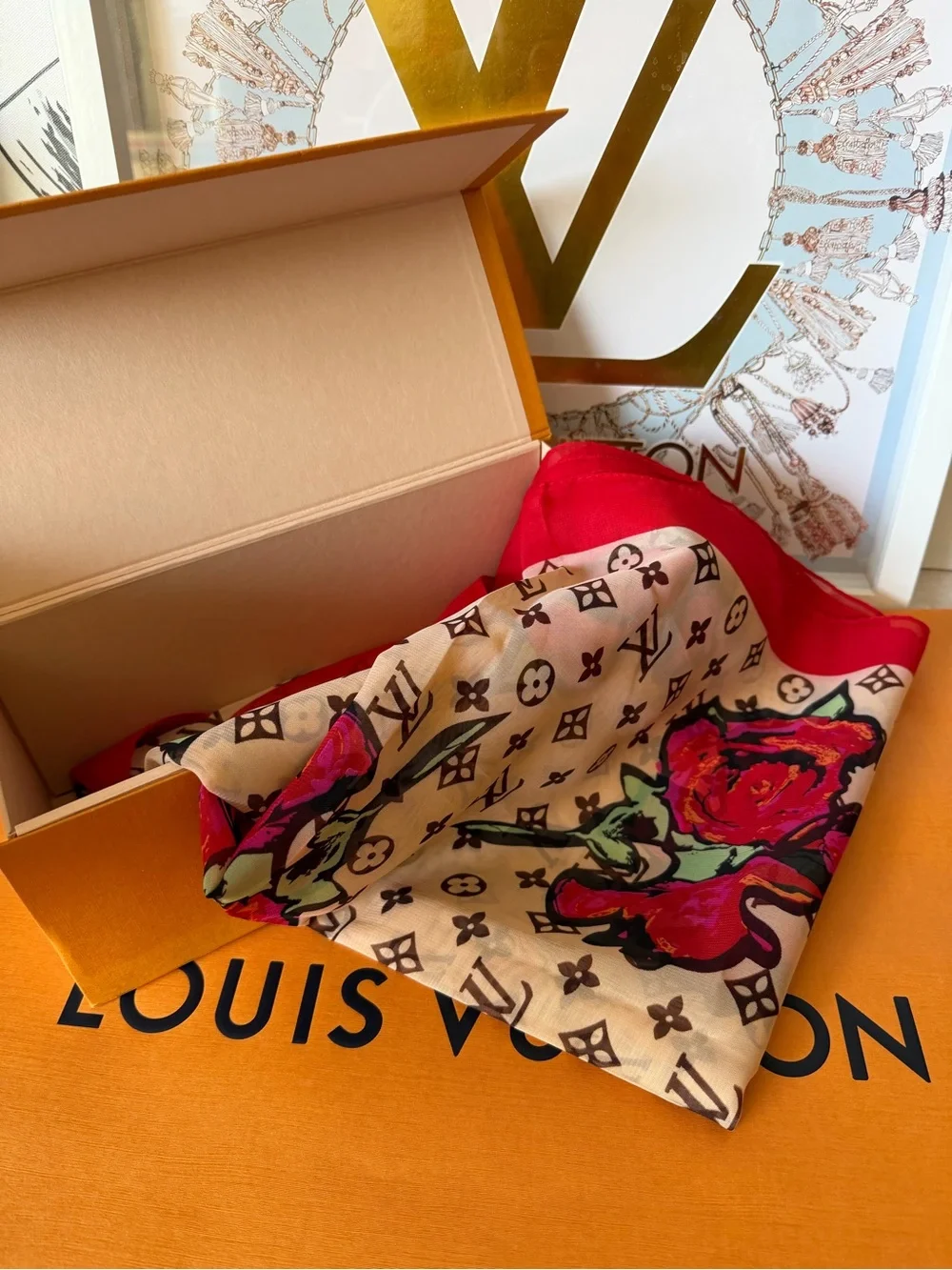 Louis Vuitton Silk Monogram Scarf Roses